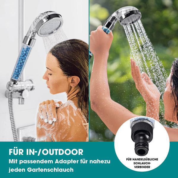 EASYmaxx Duschkopf mit Mineralkugeln, transparent/chrom, für Indoor und Outdoor mit dreifachem Duscherlebnis und Outdoor-Adapter.