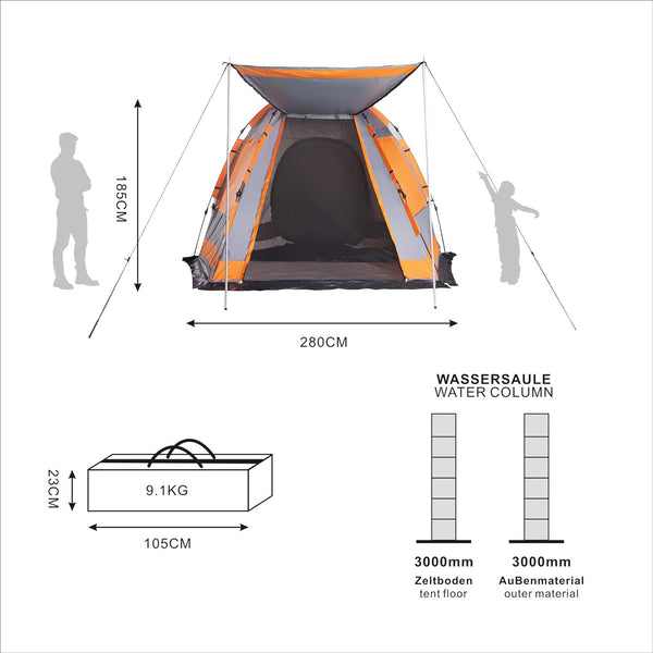 Where Tomorrow Familienzelt Pop Up Wurfzelt - 4-Personen - Zelt mit Sonnendach - 340x280x185 cm -  Orange-Grau