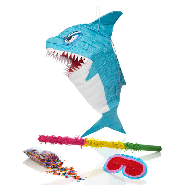 LUMALAND Pinata Set zum Befüllen inkl. Schläger & Augenbinde "Hai" - Individuell befüllbar - 38 x 19 x 65 cm