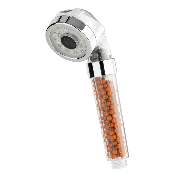 EASYmaxx Duschkopf LED-Farbwechsel 6cm mit Mineralkugeln und digitalem Temperaturdisplay, einfache Montage, Spa-Duschkopf.