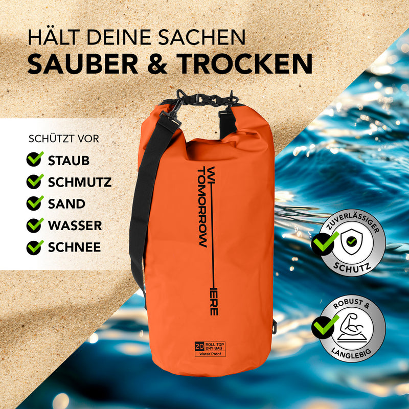 Where Tomorrow Dry Bag 20L - Style 02 - Orange wasserdichter, robuster Rucksack mit UV-Schutz, ideal für Outdoor-Abenteuer.