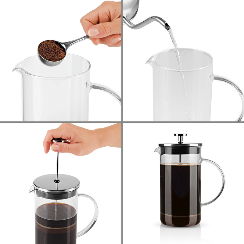 COFFEE PRESS Kaffeebereiter - 1 Liter: Edelstahlkanne mit Borosilikatglas, hitzebeständig, 8 Tassen, Edelstahl-Filter, für intensiven Kaffeegenuss.
