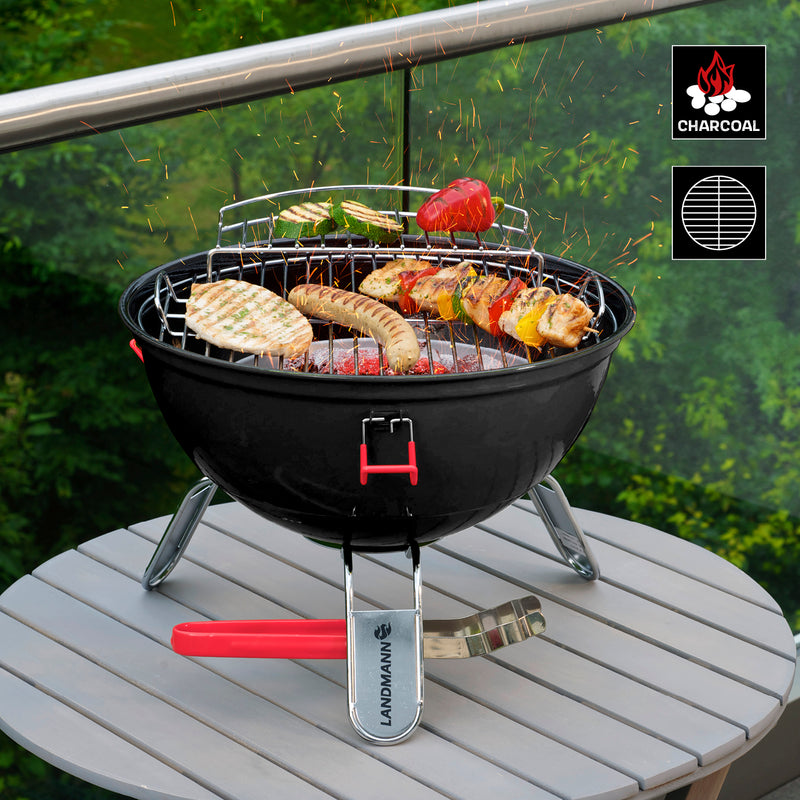 LANDMANN Piccolino King Kugelgrill mit pulverbeschichtetem Deckel und Feuerschale, Grillzange und gummierten Deckelklammern für sicheren Transport.