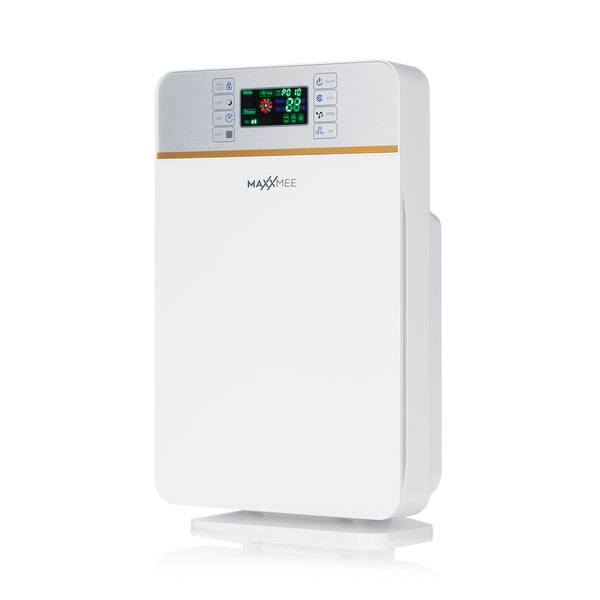 MAXXMEE Digitaler-Luftreiniger weiß/silber mit 6-Stufen-Reinigungsprozess, Timer, Fernbedienung und leisem Schlafmodus.