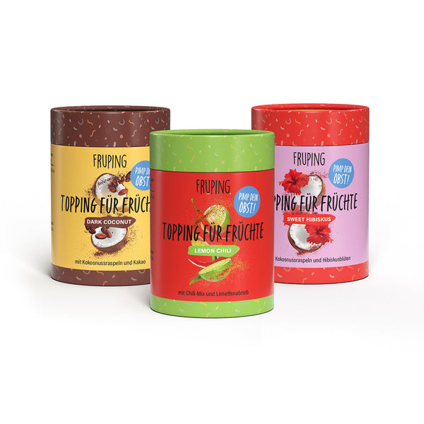 Fruping Topping für Früchte - Lemon Chili + Dark Coconut + Sweet Hibiskus - 3er-Set (3x 45g)