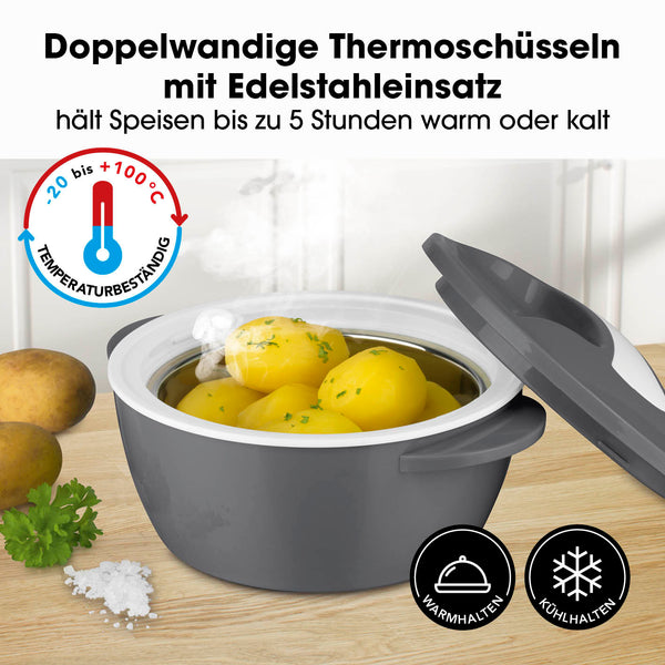 MAXXMEE Thermo-Schüssel Mikrowelle 850 ml grau/weiß, doppelwandig mit Edelstahleinsatz, hält Speisen bis zu 5 Stunden warm oder kalt.