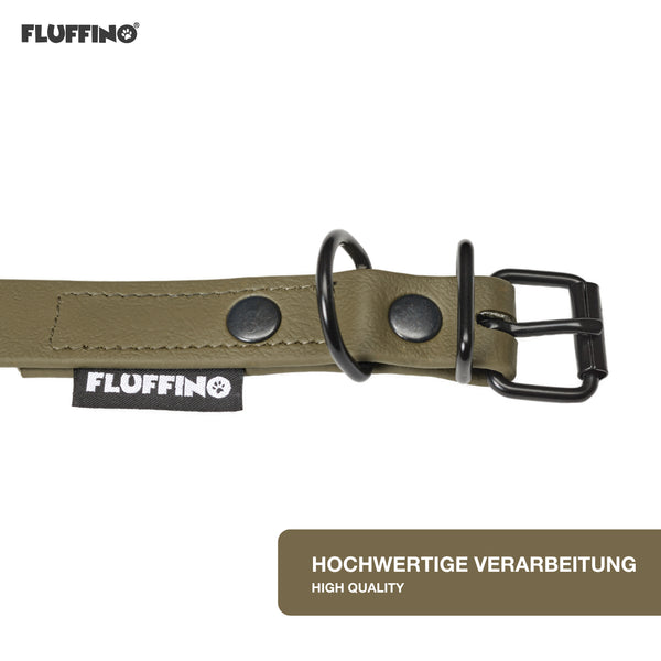 FLUFFINO® Hundehalsband aus BioThane Größe L, 5-fach verstellbar, wasserfest, reißfest, schimmelfrei, veganer Lederersatz in Oliv