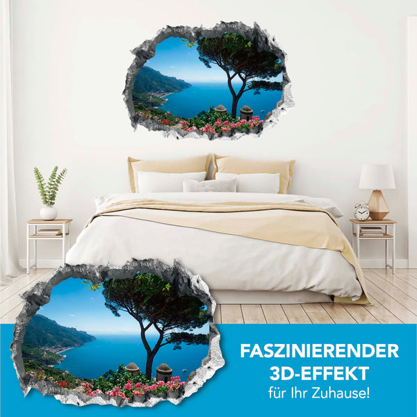 Wandtattoo 3D "Meerblick" mit selbsthaftendem 3D-Wandeffekt, der fast an jeder glatten Oberfläche haftet und wiederverwendbar ist.