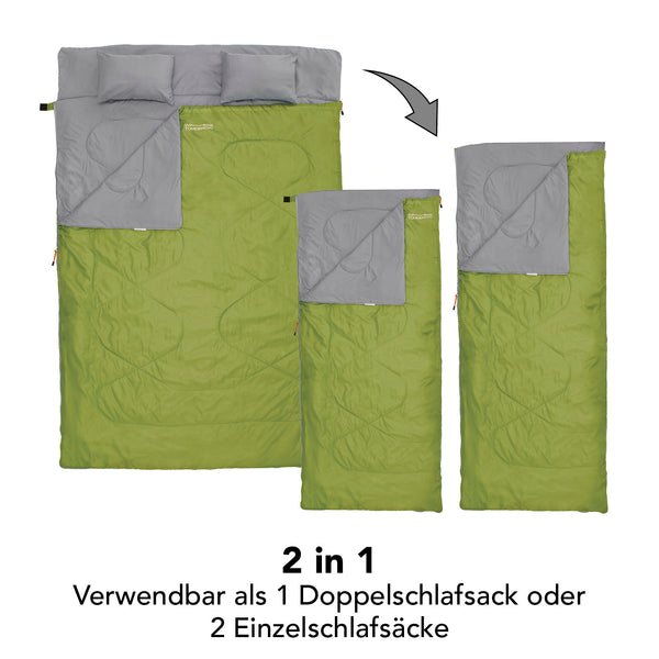 Where Tomorrow Doppelschlafsack mit Tragetasche, 2-Personen Schlafsack in Dunkelgrün, vielseitig als Doppel- oder Einzelschlafsack nutzbar.