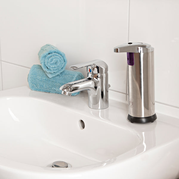 BVB Seifenspender mit Logo und Sensor - silber, Edelstahl, berührungslos, 250 ml, hygienisch, batteriebetrieben, einstellbare Dosierung