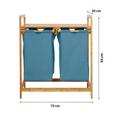 LUMALAND Bambus Wäschekorb mit 2 ausziehbaren Wäschesacken - 73 x 64 x 33 cm - Blau