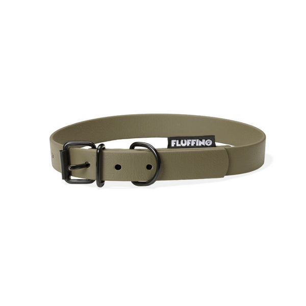FLUFFINO® Hundehalsband aus BioThane - 5-fach verstellbare Größe S, oliv, wasserfest und veganer Lederersatz.