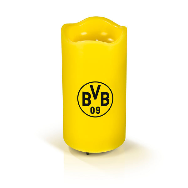 BVB LED-Echtwachskerze in Gelb mit rotierender BVB-Logo-Projektion, Timer und dreistufiger Geschwindigkeit.