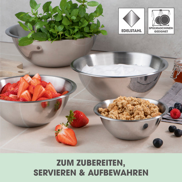 GOURMETmaxx Edelstahl-Schüsseln rund aus stabilem Edelstahl, stapelbar, spülmaschinengeeignet zum Zubereiten, Servieren & Aufbewahren.
