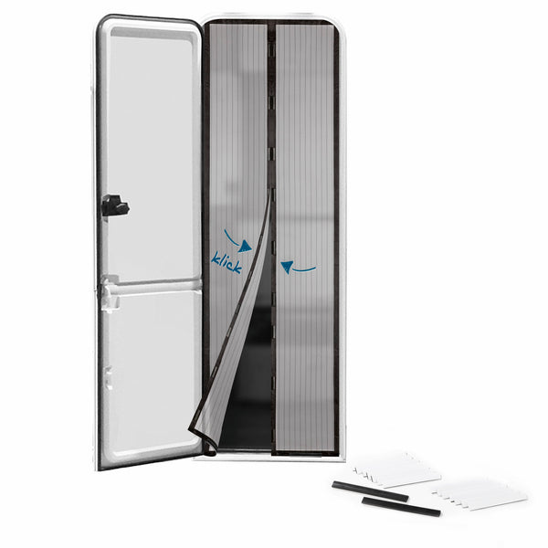 Hoberg Tür-Insektenschutz 60 x 195 cm mit selbstschließendem Magnetverschluss, anthrazitfarben, für Wohnwagentüren, ohne Bohren.