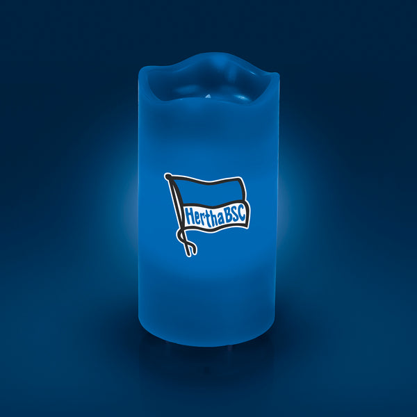 Hertha BSC LED-Echtwachskerze mit rotierendem VfB-Wappen in Blau, 3 Stufen, Timer, batteriebetrieben oder USB betrieben.