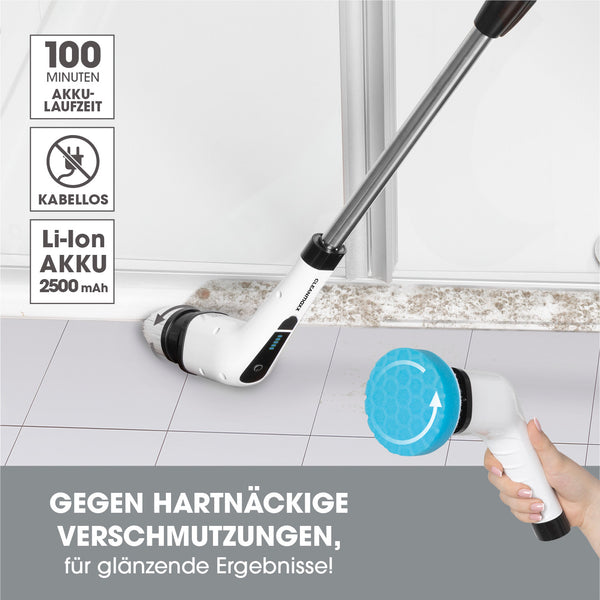CLEANmaxx Akku-Reinigungsbürste weiß/schwarz mit Verlängerungsstange und 2 Geschwindigkeitsstufen, ideal für schwer zugängliche Stellen.