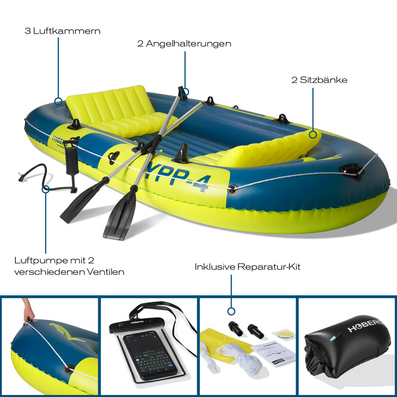 Hoberg Schlauchboot "YPP-4" 4-Sitzer mit 2 Sitzbänken 2 Paddeln Pumpe Reparaturset 2 Angelhalterungen Dry Bag & weiterem Zubehör Material PVC