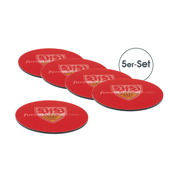 VfB Stuttgart Untersetzer 3D 5er-Set schwarz/weiß/rot mit Logo und furchtlosundtreu Effekt, Antirutsch-Rückseite, Ø 10,5 cm.
