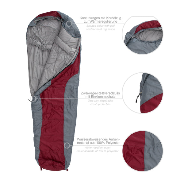 Where Tomorrow Camping Schlafsack Classic - Mumienschlafsack mit Tasche - 230 x 80 x 55 cm - Weinrot