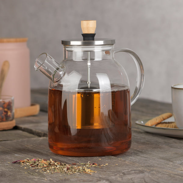BEEM TEEKANNE Glaskanne mit Teesieb - 1,5 l, hitzebeständig aus Borosilikatglas, modernes Design aus Glas, Edelstahl und Bambus.