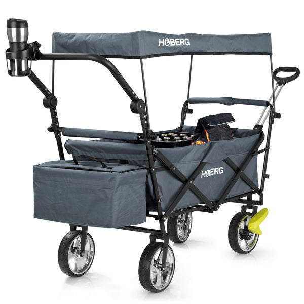 HOBERG faltbarer Bollerwagen mit Dach, stabil, faltbar, mit Kühltasche und Getränkehalter, ideal für Freizeit und Ausflüge, grau.