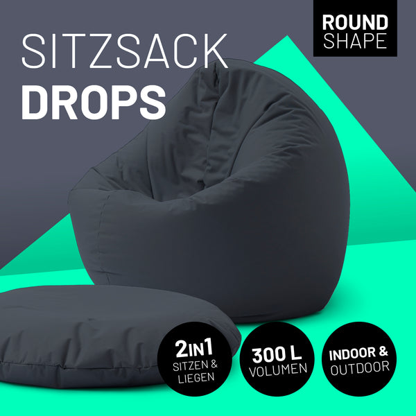 LUMALAND Sitzsack Drops (300 L) in Stahlgrau, 2in1 für drinnen & draußen, langlebig, pflegeleicht und mit hochwertiger EPS-Füllung.