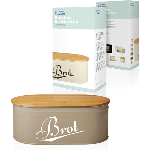 LUMALAND Cuisine Brotkasten Brotdose Brotbox aus Metall mit Bambus Deckel, oval, grau, 36 x 20 x 13,8 cm, mit Luftzirkulation.