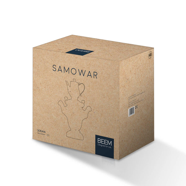 SORAYA Samowar - 10 l | Edelstahl Verpackung für elektrischen Teebereiter mit 10 l Fassungsvermögen und Edelstahl-Design.