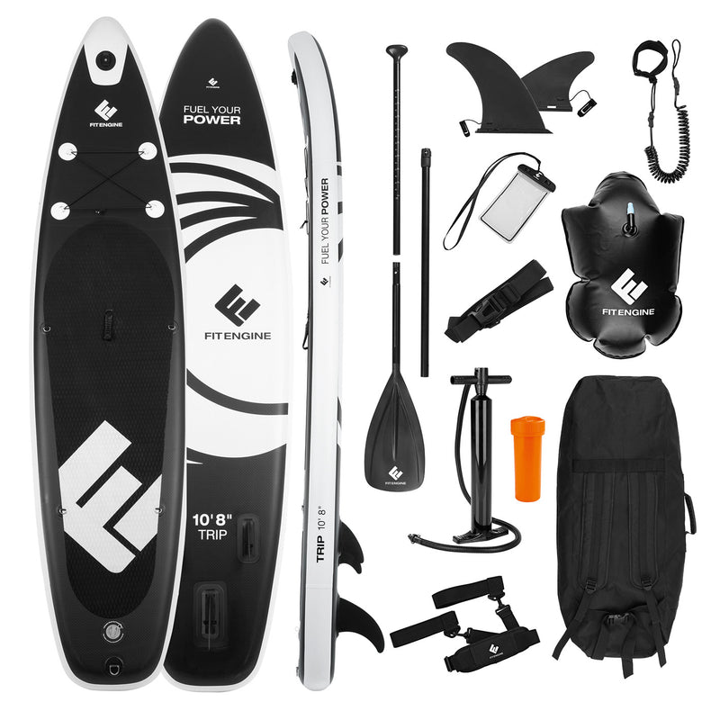 FitEngine SUP Allrounder/Racer/Junior 8' - 12'' Umfangreiches Stand-up-Paddle-Board Set mit Drybag Handyhülle und Co. Drop-Stitch Qualität SUP Marke