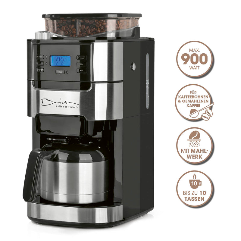 Barista Kaffeemaschine mit Mahlwerk mit Isolierkanne - 1000 Watt - Edelstahl/schwarz
