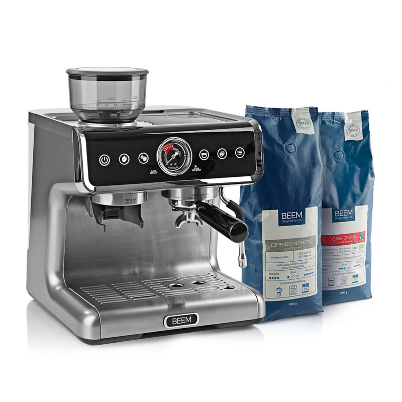 ESPRESSO-GRIND-PROFESSION Espresso-Siebträgermaschine mit Mahlwerk + 1x ESPRESSO PERFETTO Ganze Bohne + 1x CAFÉ CREMA Ganze Bohne