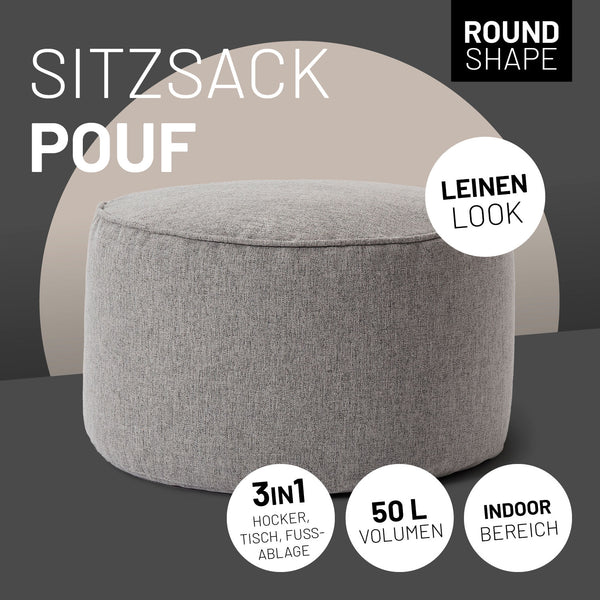 LUMALAND Comfort Line Sitzsack-Hocker 25x45 cm Hellgrau, runder Sitzpouf, Indoor, 3in1 Hocker, Tisch und Fußablage, Leinen Look.