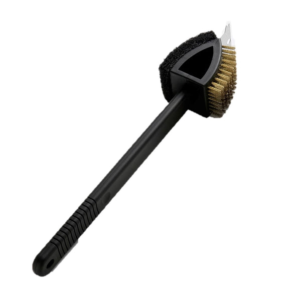 GRILLCHEF Grillbürste - 38 cm schwarz mit Kunststoffgriff, Messingborsten, Kunststoffschwamm und Edelstahl-Schableiste, ideal zum Grillreinigen.