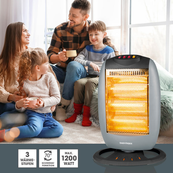 EASYmaxx Halogen-Heizstrahler grau/schwarz mit 3 Wärmestufen, 1200 W, 70° Schwenkfunktion für effiziente Wärme im Wohnraum.