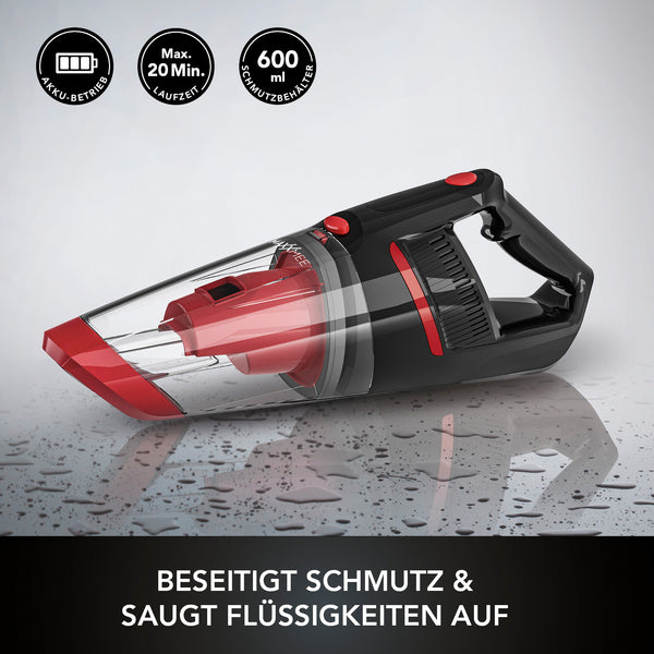 MAXXMEE Akku-Handstaubsauger Nass & Trocken rot/schwarz mit 20 Min. Laufzeit, beutellos, für Staub, Krümel und Flüssigkeiten geeignet.