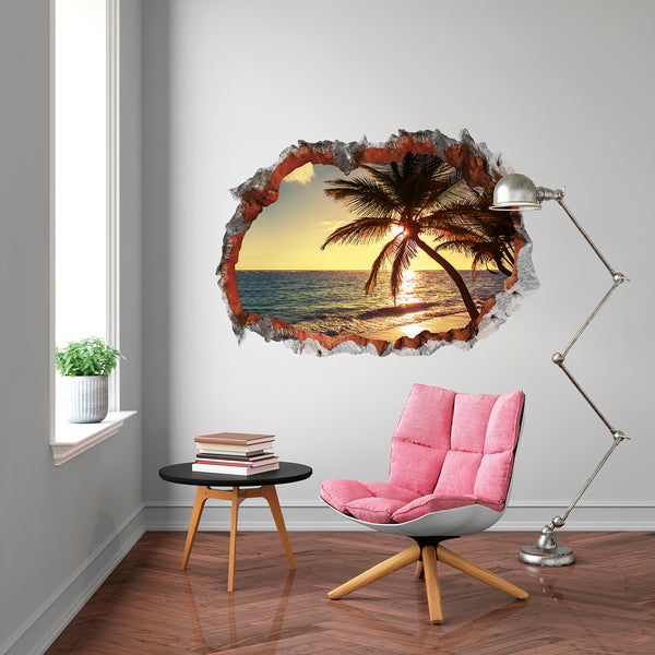 Wandtattoo 3D "Strand" zeigt selbsthaftendes, wiederverwendbares Wandbild mit Palmen und Meer bei Sonnenuntergang auf glatter Oberfläche.