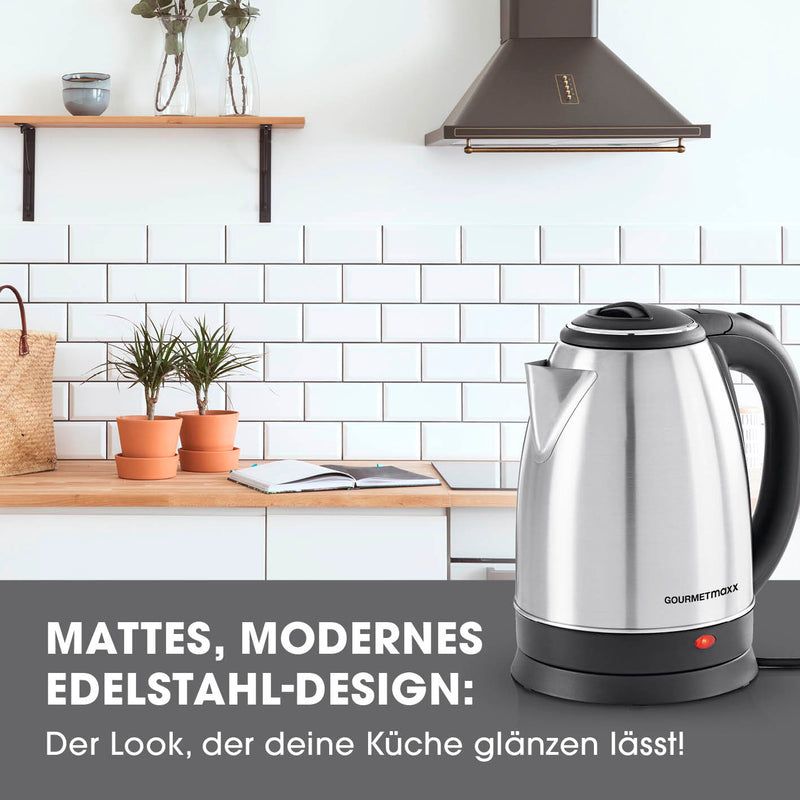 GOURMETmaxx Wasserkocher 1,8l Edelstahl, kabellos mit 360°-Basisstation, Wasserstandsanzeige und verdecktem Heizelement.