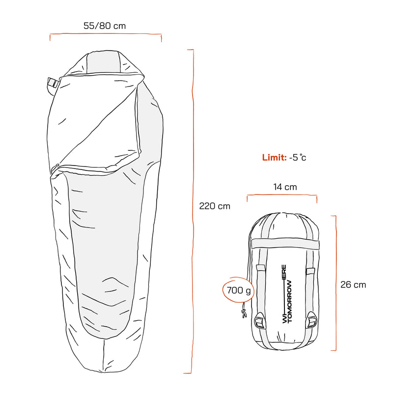 Where Tomorrow Camping Schlafsack Small & Light - Mumienschlafsack mit Tasche - 220 x 80 x 50 cm - Grau-Himmelblau