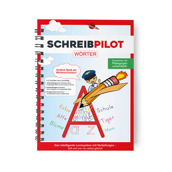 Schreibpilot Heft Wörter mit Bleistift/Radiergummi – kindgerechtes DIN-A4 Übungsheft zum Schreiben lernen von ein- bis dreisilbigen Wörtern.