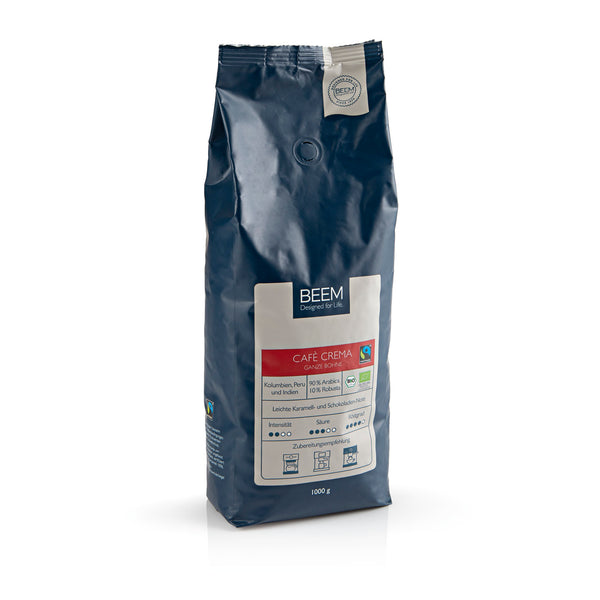 BEEM CAFÉ CREMA Bio Ganze Bohne 1 kg – vollmundiger Bio-Kaffee mit fruchtigen Karamell- und Schokoladen-Noten, schonend geröstet.