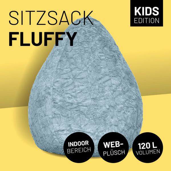 Luxury Fluffy Sitzsack stylischer Webplüsch Beanbag 120L Pastel Blau mit weichem Stoff für komfortables Sitzen und modernes Wohnen.