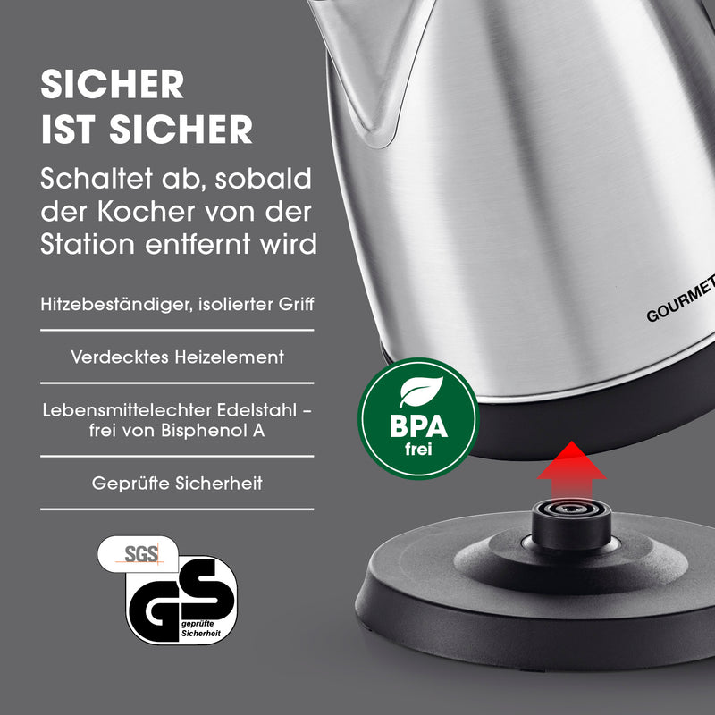 GOURMETmaxx Wasserkocher 1,8l Edelstahl kabellos mit 360° Basisstation, verstecktem Heizelement und automatischer Abschaltung.