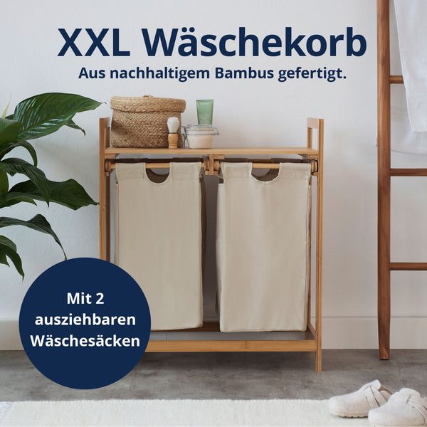LUMALAND Bambus Wäschekorb mit 2 ausziehbaren Wäschesäcken, 73 x 64 x 33 cm, grau, umweltfreundlich und platzsparend.