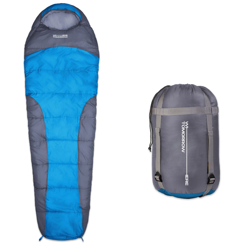 Where Tomorrow Camping Schlafsack Small & Light - Mumienschlafsack mit Tasche - 220 x 80 x 50 cm - Grau-Himmelblau