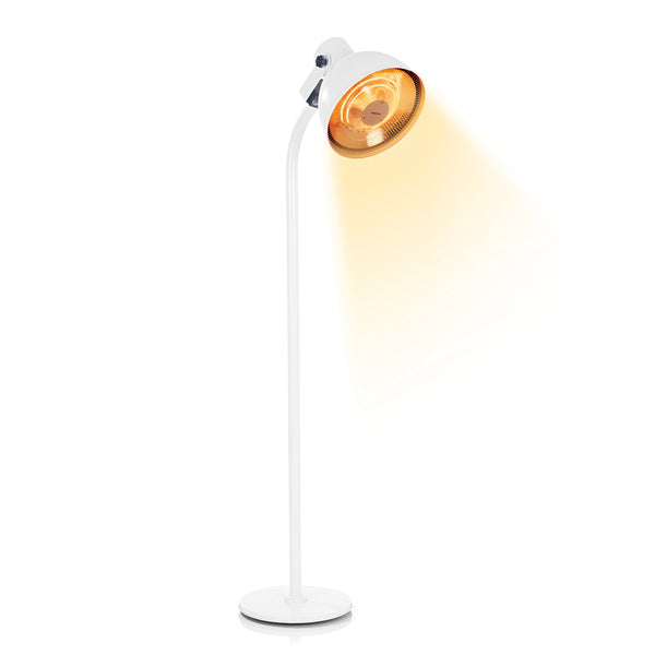 Hoberg Infrarot-Heizstrahler mit Standfuß, weißer Lampen-Design-Strahler mit einstellbaren Heizstufen und warmem Lichtstrahl.