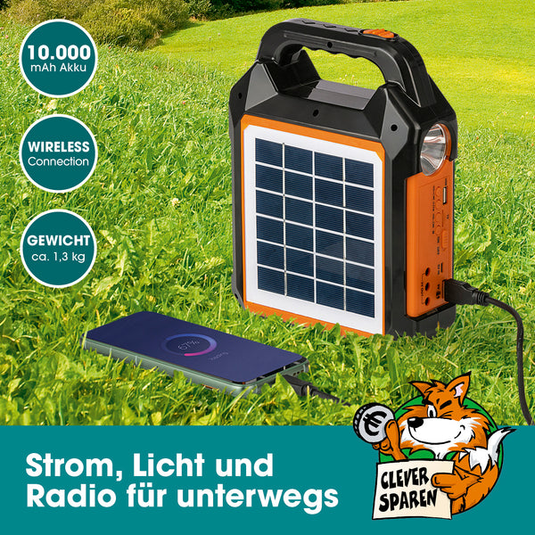 EASYmaxx Solar-Generator Kit 10000mAh schwarz/orange mit Solarpanel, Taschenlampe, LED-Leuchten und FM-Radio für mobiles Laden.