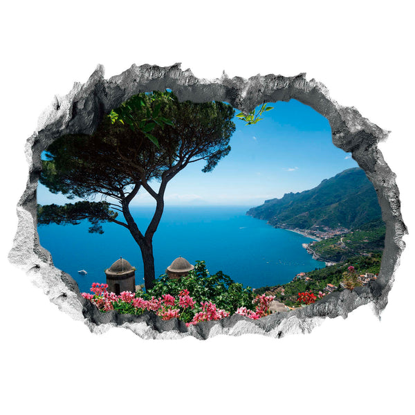 Wandtattoo 3D "Meerblick" zeigt eine Küstenlandschaft mit Meer, Bergen und Blumen, selbsthaftend und mit realistischem 3D-Effekt.