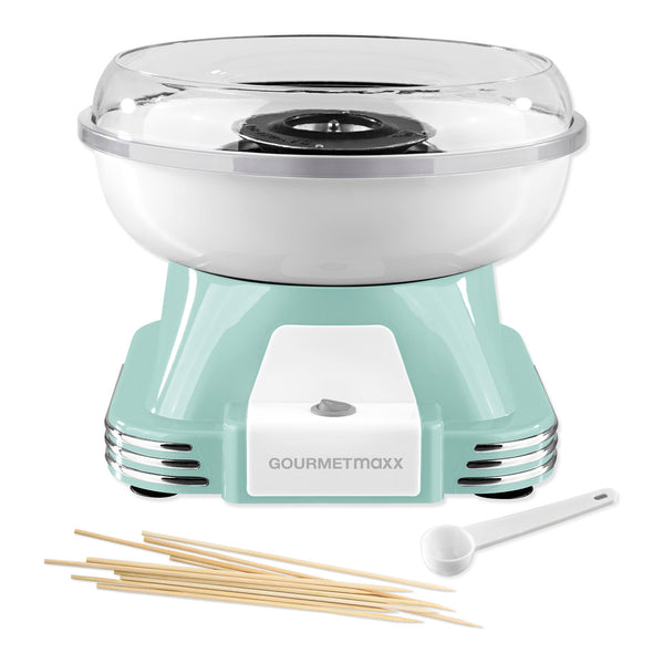 GOURMETmaxx Zuckerwatte-Maschine - mint/weiß im Retro-Design mit abnehmbarer Schüssel und Zubehör für bunte Zuckerwatte.