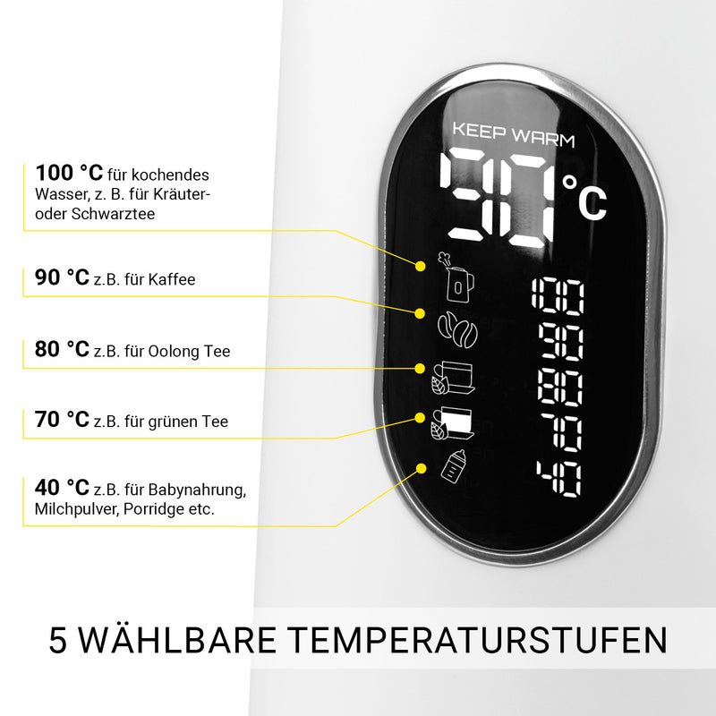 N8WERK Digitaler Wasserkocher mit Temperatureinstellung Moonlight White Edition